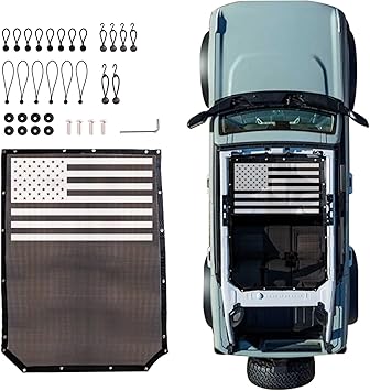 Sunshade Compatible with 2021 2022 2023 2024 2025 2026 New Ford Bronco 4 Door Sun Shade Bikini Top Roof Bimini Soft Mesh Net Exterior Accessories, Blocks UV Wind Noise, with America Flag